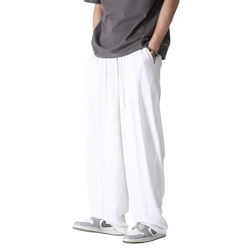 Tripleberly Linen Pants Men Casual Pants for Men Summer Beach Loose Fit Elastic Drawstring Waist Straight Legs Joggers Yoga