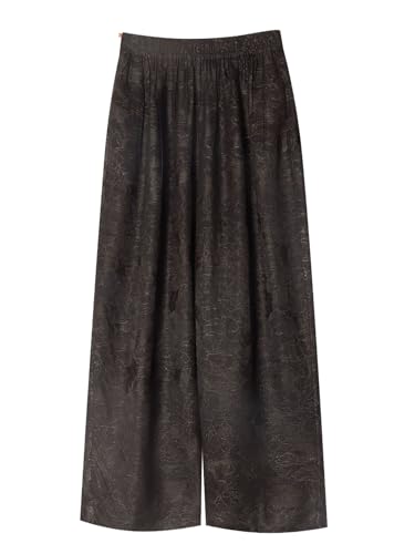 HangErFeng Pantalones de seda para mujer, con hilo dorado, peonía, jacquard, pierna ancha, longitud hasta el tobillo, 163, Marrón, Large