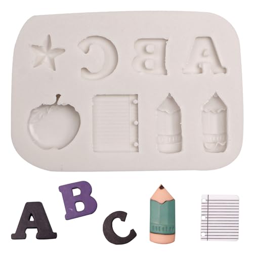 Moldes de livro de notas 3D, letra de silicone, lápis de maçã, volta às aulas, materiais escolares, moldes de fondant, para decoração de bolos, chocolate, doces, artesanato, pasta de goma