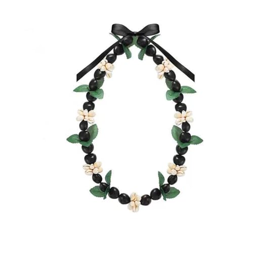 Hilufiet Hawaiian Graduation Kukui Nut Leis Flower Necklace Ribbon Bow Tie Closure Adjustable Acrylic Heart Shell Beads for High School College Graduation Student-Black