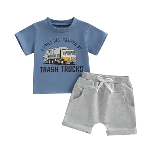 CREAIRY 2Pcs Toddler Baby Boy Garbage Truck Outfit Trash Truck Short Sleeve T-Shirt Tops Shorts Set Summer Clothes (Blue 18-24 Months)