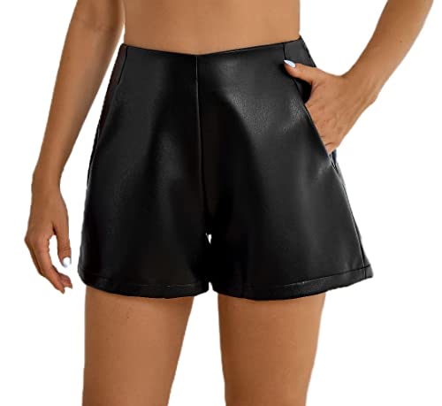 Belisy Short sexy en cuir synthétique pour femme - Taille haute - Pantalon court en cuir avec fermeture éclair latérale, Noir , L