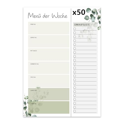 FloraVigo Essensplaner, 50 Menüplaner mit Einkaufsliste zum Abtrennen, Einkaufsliste – Notizblock – A5 – Menüplaner für Familie, Freunde