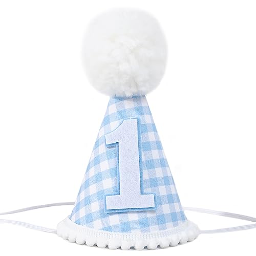MAMUXI Gingham Style Boy's 1st Birthday Hat - Blue Gingham Patterned Hat for Birthday Parties