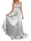 KURFACE Vestido de fiesta de satén sin tirantes para mujer, vestido de baile con corte acampanado, vestido formal de noche, plata, 56 Grande
