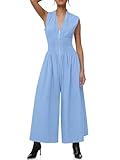Cicy Bell Womens V Neck Casual Dressy Jumpsuits Smocked Zip Up Sleeveless Wide Leg Jumpsuit Summer Teacher Work Outfit