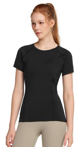 TSLA Womens Thermal Fleece Lined Base Layer Short Sleeve Shirts Lightweight Stretch Winter Undershirts for Warmth & Comfort XUB52-ZZBLK M