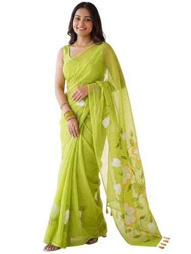 Image of AKHILAM Women's Cotton Saree with White Daisy Floral Prints Tassel Pallu Lightweight Summer Saree
