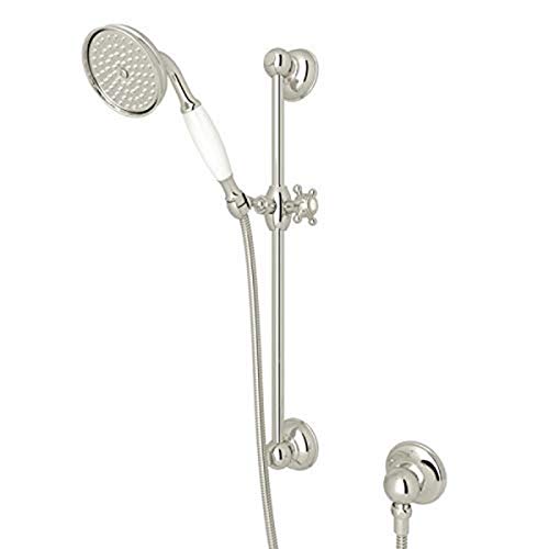 Set para ducha manual Rohl 1300EPN Country Anti-Cal con función simple, mango de resina blanca, barra deslizante, manguera y soporte de pared, acabado níquel pulido miniatura 1
