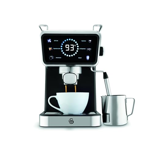 Swan Retro Pump Espresso Coffee Machine Digital Smart Touch Display 5 Pre-Sets 20 Bar Pressure Milk Frother for Latte and Cappuccino Drinks 1 & 2-Shot Filters 1.5 Litre Black SK22113BLK
