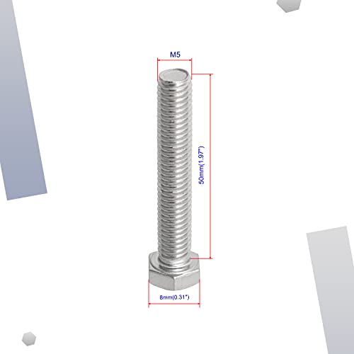 Image of M5 x 50mm Hex Head Bolts Screws Grade 5.8 Stainless Steel, Fasteners Fully Machine Threaded SUS304 10 Pcs