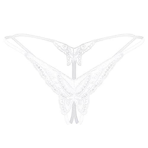 2025 - Ropa interior de color de cadena de entrepierna transparente para mujer, calzoncillos de bordado abierto, Lencería sexy de nylon con lentejuelas, Blanco, talla única
