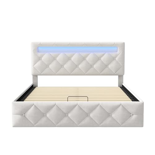 BRYXR Bett 140x200, Polsterbett Doppelbett mit LED, Hydraulisch Stauraumbett mit Lattenrost, Verstellbare Kopfteil, Funktionsbett, Jugendbett, Ohne Matratze, Beige Samt