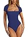 REORIA Womens Fashion Sexy Square Neck Double Lined Fitted Shirts Stretchy Short Sleeve Slimming Going Out Thong Bodysuit Tops Deep Blue X-Small