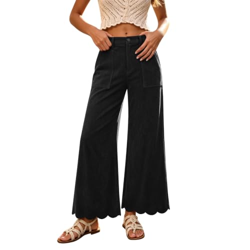 Women's Corduroy Pants Scalloped Hem Brown Wide Leg Pants Casual Trousers - image 1