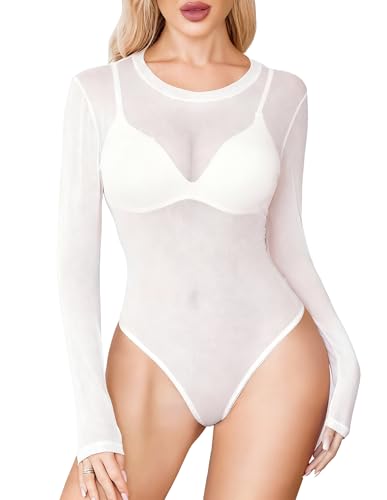 Avidlove Sexy Mesh bodysuit for Women White Long Sleeve Bodysuit Round Neck Sheer Leotards Sexy Tops Snap Crotch White Medium