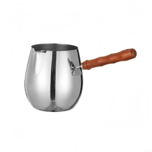 PureBowlic Cafetera turca de acero inoxidable con mango de madera, espumador de leche multiusos y sartén de chocolate para calentar el té, boquilla precisa y diseño sin goteo para uso doméstico (300