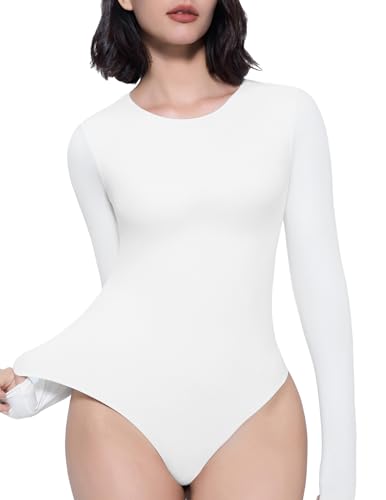 Avidlove Women's Crew Neck Long Sleeve Bodysuits Basic Slim Tops Double Lined Thong Bodysuit