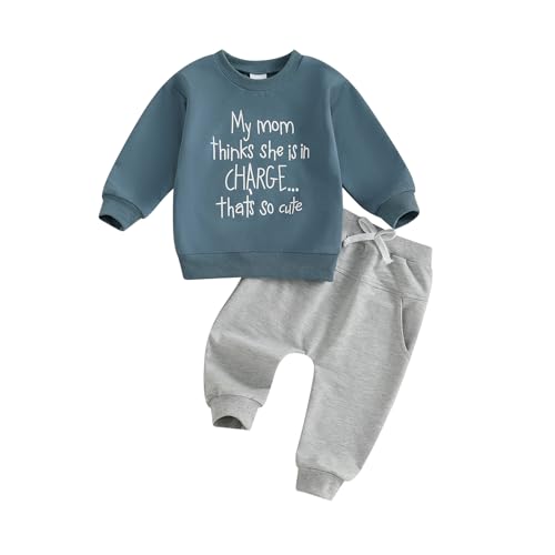 Image of Caziffer Baby Boys Autumn Sports Outfits for Little Boy Letter Print Long Sleeve Novelty Sweatshirt Solid Jogger Pants 2Pcs Casual Clothes Sets (Gray, 18-24 Months)
