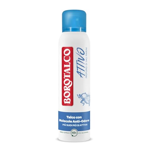 Borotalco, Deodorante Spray Attivo Blu, Formula Senza Alcool e con Talco con Molecole Anti-Odore, Efficacia Fresca, 48h di Efficacia, Profumo di Sali Marini - 1 Flacone da 150ml