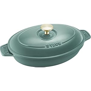 Staub Hot Plate Z1025-329 Oval Hot Plate, Eucalyptus, 9.1 inches (23 cm), Double Handed, Cast Enamel, Shallow Type, Induction Compatible, Genuine Japanese Product with Serial Number