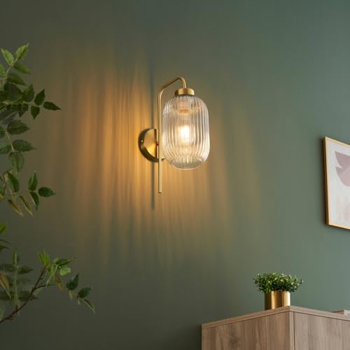 KOSILUM - Applique dorée vintage verre cannelé - Canelia - Lumière Blanc Chaud Eclairage Salon Chambre Cuisine Couloir - - - E27 - IP20