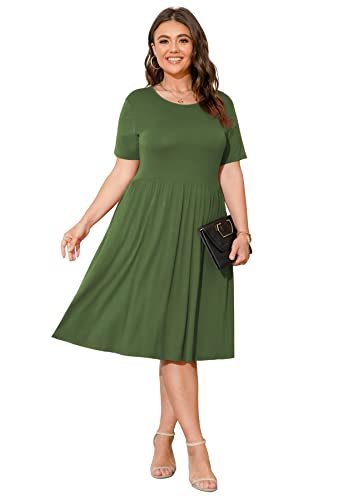 Image of POSESHE Womens Plus Size Summer Dress 2026 Casual Short Sleeve Empire Waist Loose Fit Swing T-Shirt Dress with Pockets