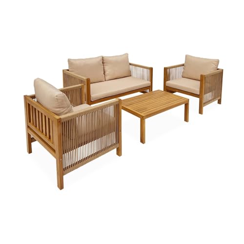 sweeek - Salón de jardín ALCIRA 4 plazas de madera de acacia y cuerdas beige y cojines beige. 1 sofá 2 pl + 2 sillones + 1 mesa baja