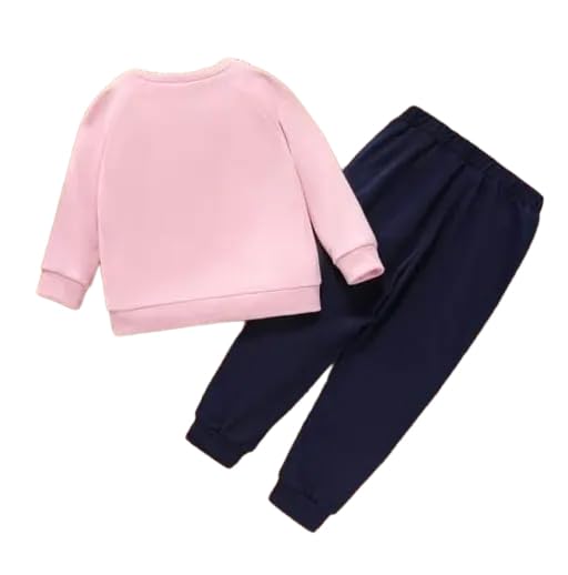 Image of Pink Printed Round Neck Full Sleeves Sweatshirt and Black Pant Set
