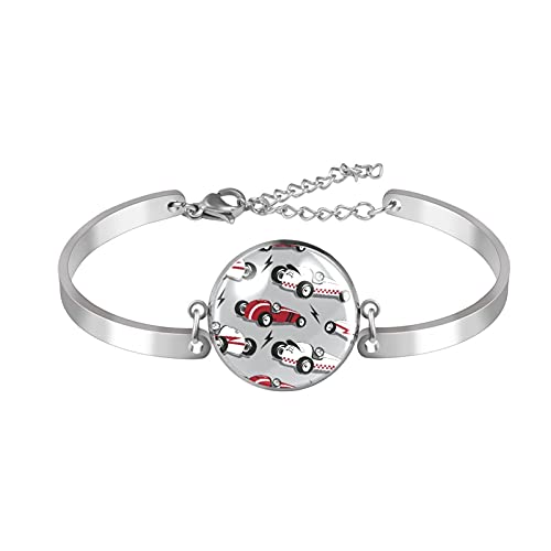 Speeding Racing Car With Checkered Flag Race Track Women Bracelet, Personalized Crystal Glass Round Decor Charm Bracelet, Delicate Birthday Gift For Mom, Friends, Teen Girls