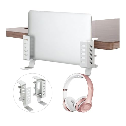 Soporte vertical para portátil de escritorio en metal blanco con ganchos