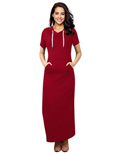Glorystar Women Long Sleeve Pullover Pocket Slim Sweatshirt Casual Hoodie Dress Hooded Sweater Dresses (L, Wine) #TOP17