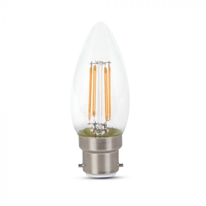 VTAC B22 Led Candle Bulb Bayonet, LED Filament Candle Bulb, C37 4W Edison Candle Light Bulbs, 40W Incandescent Bulb Equivalent, Warm White 3000K, 470Lm, Ceiling Light Fittings Non-Dimmable, Pack of 20