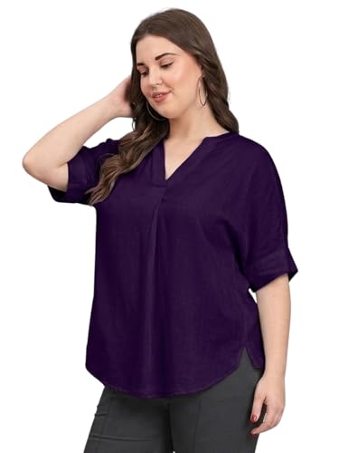 Image of SINDOORI Relaxed Fit Tops for Women Plus Size Solid Printed Mandarin Collar, Band Collar, V-Neck Top, Half Sleeve Loose Fit