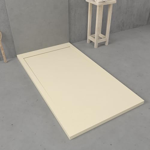 VAROBATH | Plato de Ducha URBANSTONE – Material Resina con Carga Mineral y Textura Pizarra Antideslizante C3 – Incluye Válvula Desagüe y Rejilla (Marfil RAL1015, 80x170)