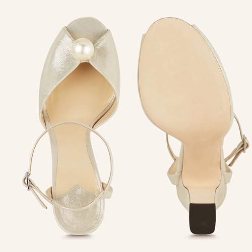 Image of Goolita Pearl Heels For Women Mid Block Ankle Strap Heeled Sandals Round Open Toe Party Evening Bridal Shoes For Wedding