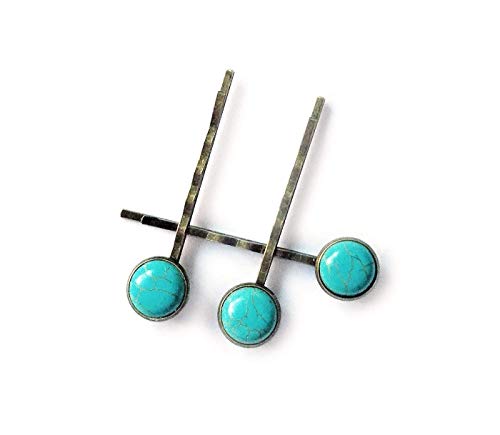 Turquoise Hair Clips - Set of Three High Quality Bronze Bobby Pins - Modern Minimal Style