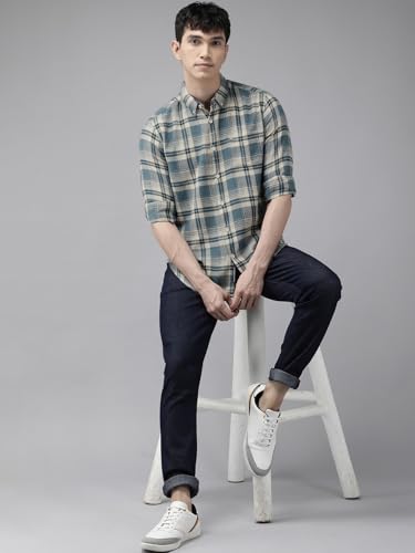 Image of THE BEAR HOUSE Men's Checked Slim Fit Flannel Casual Shirt | Blue & White | TBH-BASTA-BL