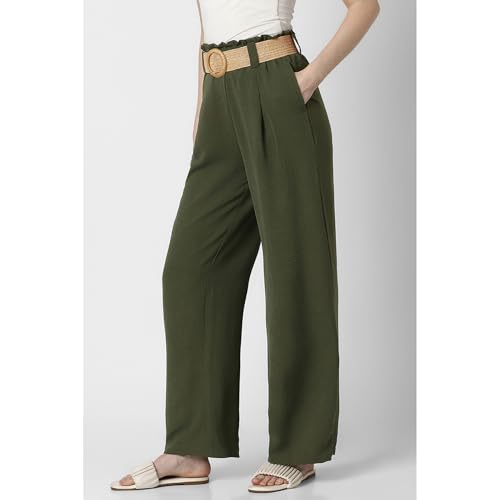 Image of Van Heusen Women's Regular Fit Mid Rise Belted Casual Wide Leg Pants