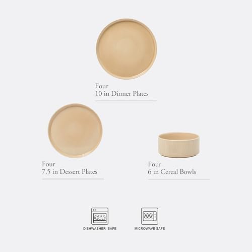Image of Gibson Elite Solana Coast 12 Piece Stoneware Reactive Glaze (Service for 4) Ceramic Plates and Bowls Modern Shape Embossed Dinnerware Set - Terracotta Orange
