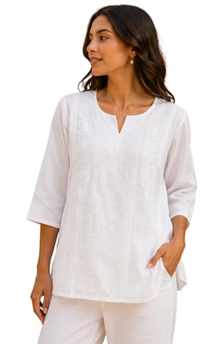 Image of Women's 3 /4 Sleeve White Cotton Embroidered Work Casual Short Kurti