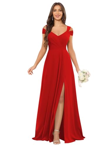 Image of petyoo Off Shoulder Chiffon Bridesmaid Dresses with Slit Long Formal Evening Dress