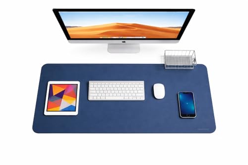Image of Reversible Desk Mat 90x45 CM - Large Vegan Leather Office Desk Pad | Mouse Pad for Work from Home & Office | Anti-Slip Leather | Waterproof, Splash-Proof Desk Accessories (Navy Blue & Yellow)