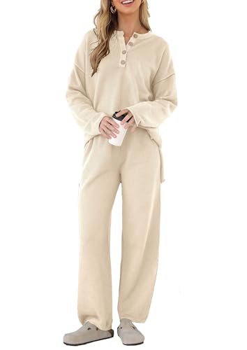 Image of PRETTYGARDEN Women's 2 Piece Tracksuit Outfits 2024 Fall Knit Sweater And Wide Leg Pants Sweatsuit Lounge Sets (Beige,Medium)