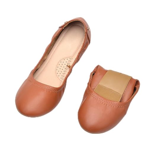KUNWFNIX Women's Ballet Flats Foldable Classic Crown Rhinestone Slip On Flowers PU Leather Pointed Toe Comfort Flat Casual Dress Shoes 6 #B1-brown
