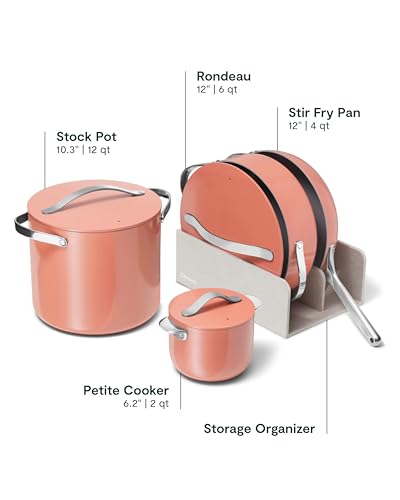 Image of Caraway 24-Piece Nonstick Ceramic Cookware Set - Includes Fry Pans, Sauce, Saute Pan, Dutch Oven, Petite Cooker, Stir Fry, Rondeau, Stock Pot, Lids & Storage Organizers - Perracotta