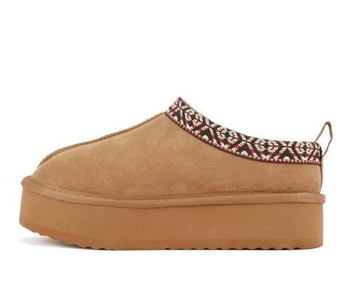 Soda 'Eagle' ~ Pantuflas de punta redonda para mujer con suela de lengüeta y forro de sherpa con detalles de puntada, Gamuza sintética marrón, 37 EU