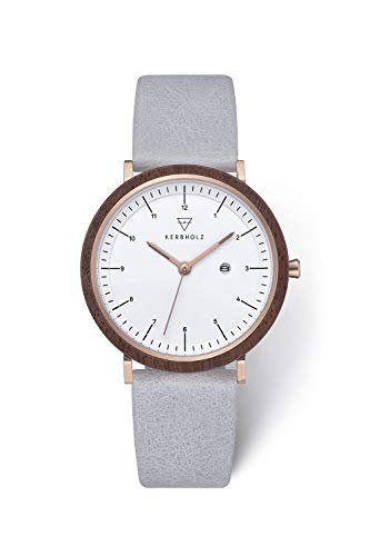 Preisvergleich Produktbild KERBHOLZ Holzuhr Masterpieces Collection Amelie analoge Damenuhr, Quarz Uhr mit Datumsanzeige, Naturholz Gehäuse, echtes Lederarmband, Ø 36mm, Walnut Hellgrau