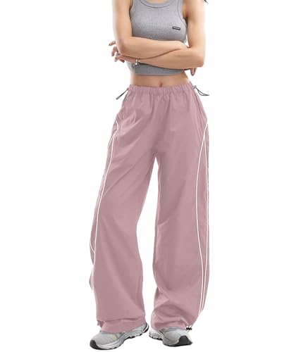 Xinor Y2K Parachute Cargo Pants Women Streetwear Dance Hip Hop Baggy Lightweight Wide Leg Drawstring Side Stripe Jogger Pink