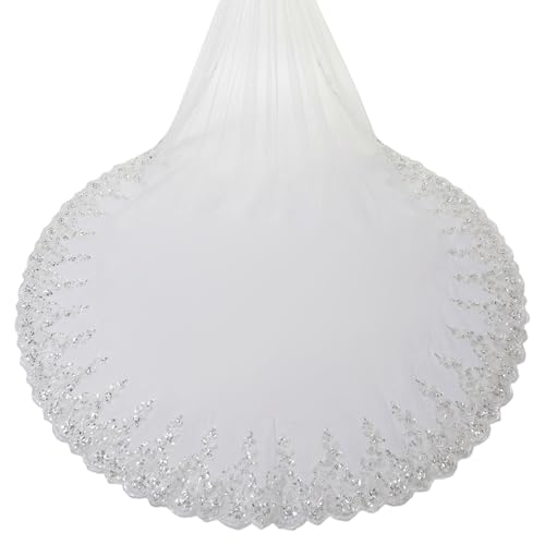 Velo de novia catedral sin tirones con encaje de lentejuelas y fijación segura para el pelo